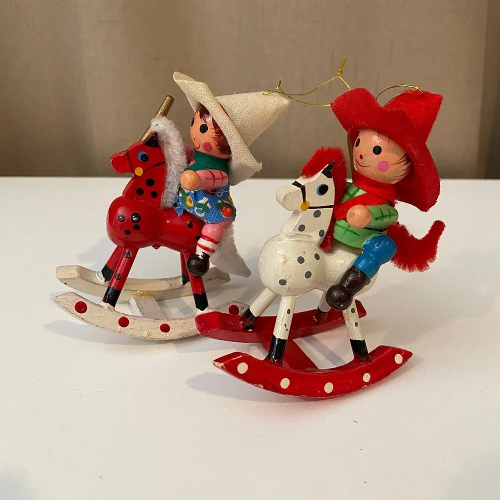Vintage Folk Art Cowboy & Cowgirl Rocking Horse Ornaments 4